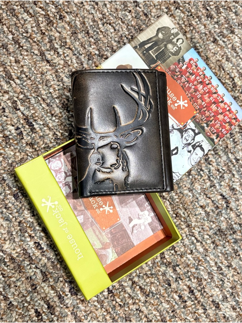 Embossed Deer Brown Leather Bifold Wallet - Men's NEW